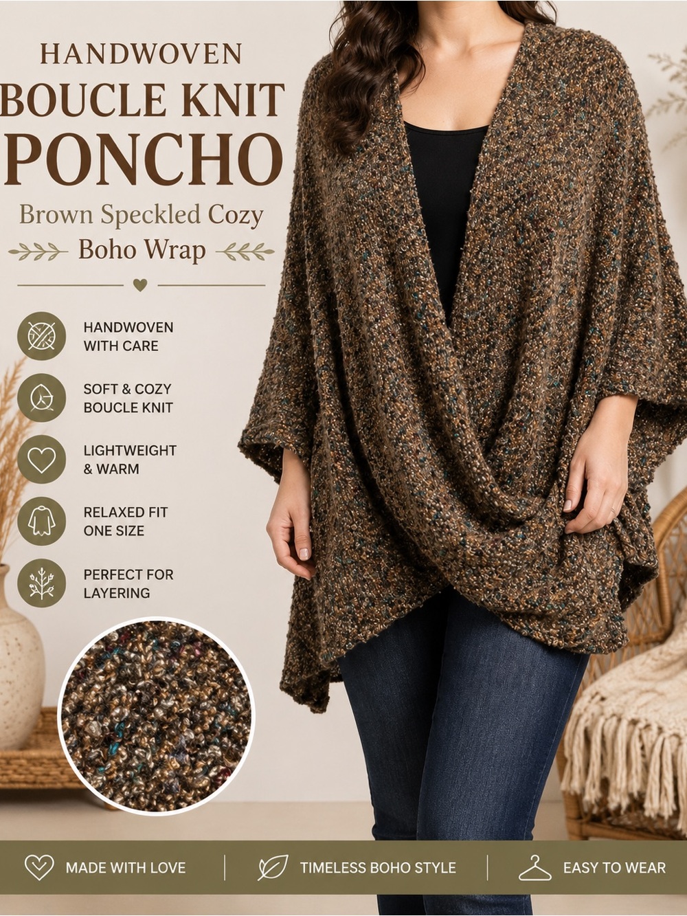Handwoven Boucle Knit Poncho Oversized Brown Speckled Boho Wrap OS Small-Medium